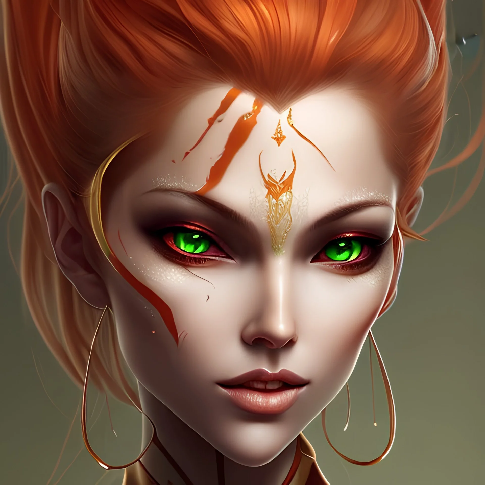 woman, heroic fantasy, insanely detailed, orange and white hair strands, green eyes, kind, shy