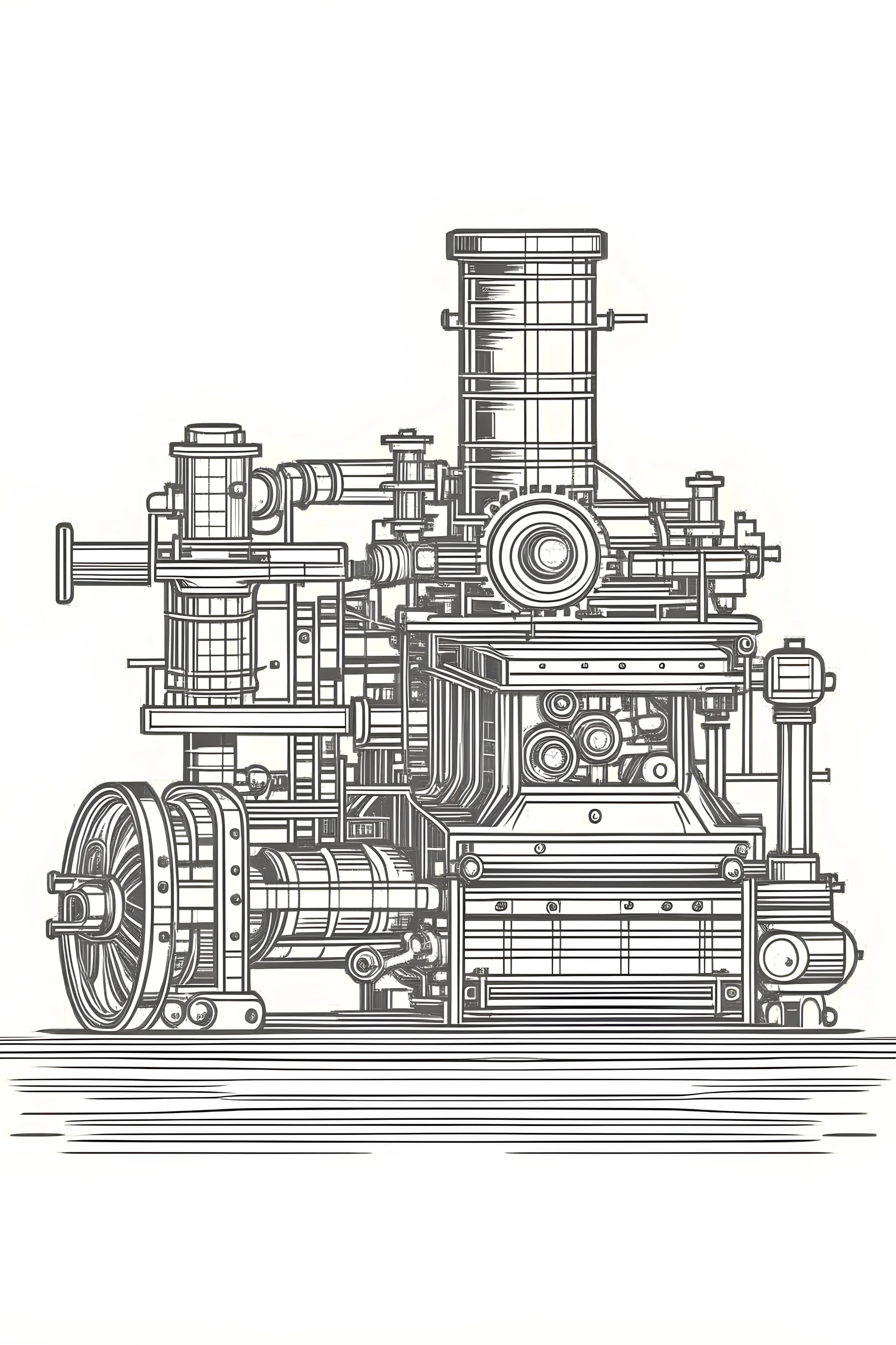 deseneaza un sketch in stil minimal art , hasurat cu linii scurte de hasuri oblice scurte , stil gravura metalică reprezentand masina cu aburi si pistoane de fabricat vise