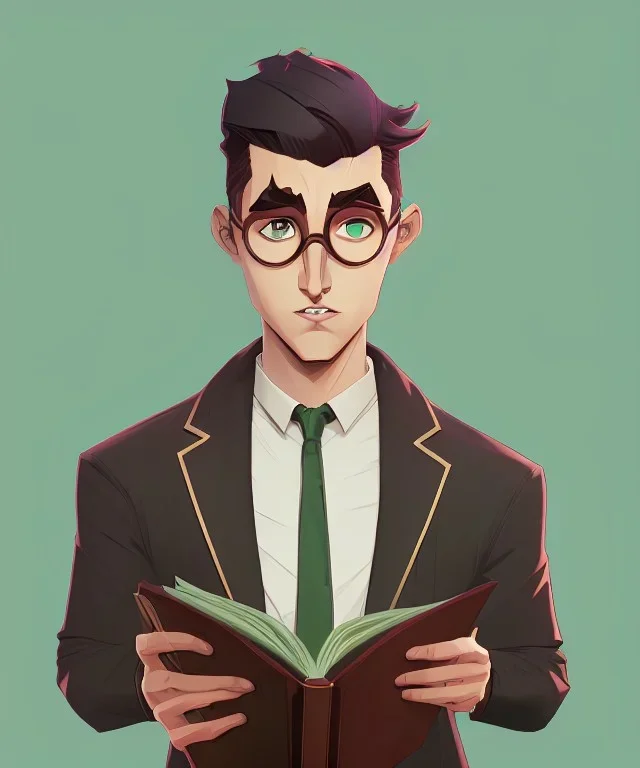 Fit man in round glasses with bookshelf in background,no beard, reading book, slim, tie, monotone, green eyes, comic book style, two tone colours, detailed, ink, realistic, handsome, square jaw, big brows, no jacket, bird on the shoulder, spotlight