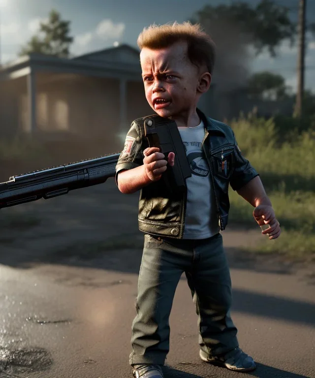 The Terminator toddler, shotgun, full body, dramatic lighting, angry, hyper realistic