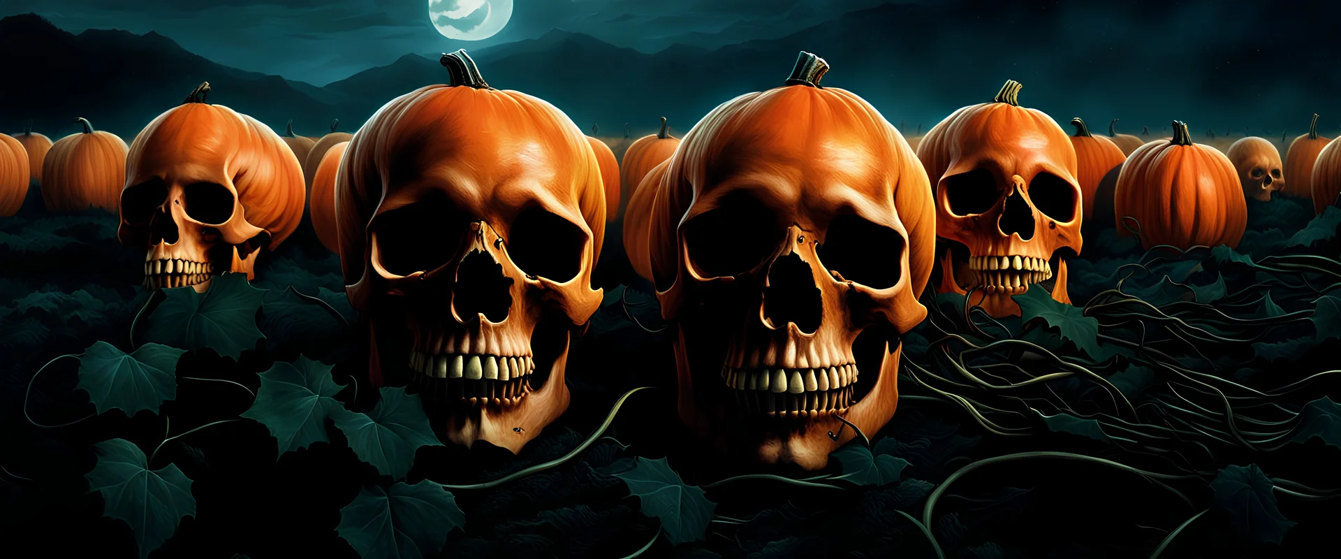 a highly detailed matte painting of a view of dozens of human skulls still attached to a vine in a large field, vines still connected like tendrils, designed to look like a pumpkin patch, painted orange, growing off of a vine of orange skulls, elegant atmosphere, glowing lights, highly detailed, concept art, smooth sharp focus, horrorcore, directed by Alfred Hitchcock, and drawn by H.R. Geiger