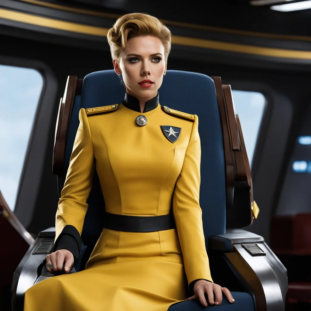 Scarlett Johansson as a Starfleet officier, she sits in the yellow dress uniform on the captain's chair