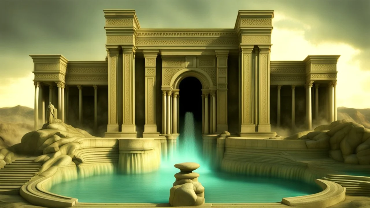 hiperrealistic giant Mesopotamian palace fountain expelling many strange prehistoric lifeforms