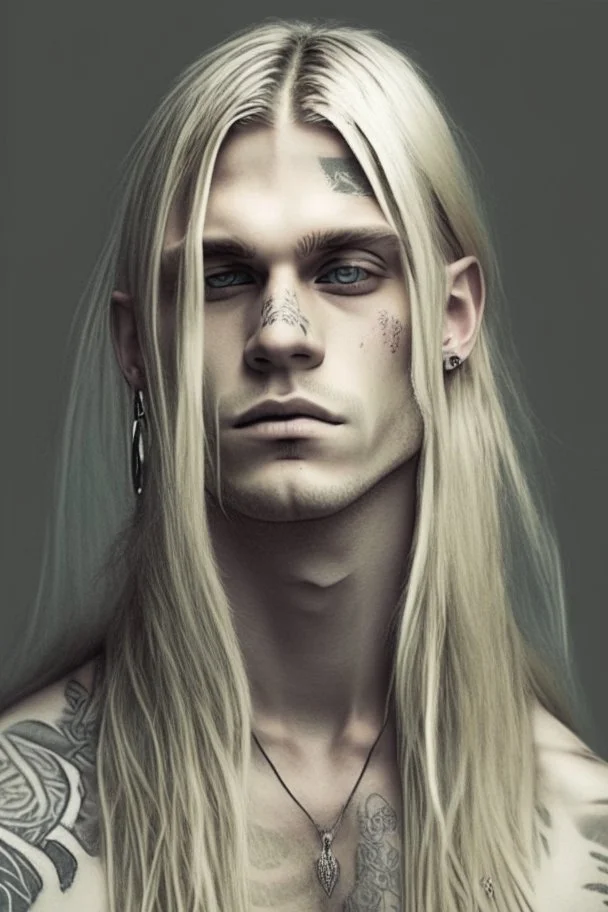 Long blond straight hair, neck tattoos, blind, man