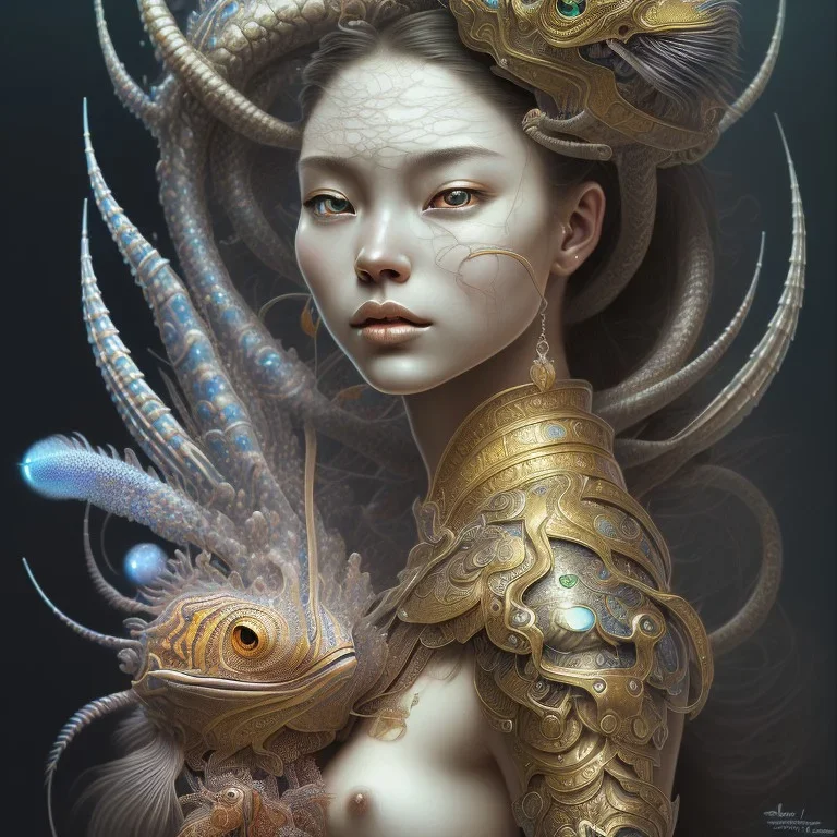 Sango fantasy, fantasy magic, intricate, sharp focus, illustration, highly detailed, digital painting, concept art, matte, art germ and Paul Lewin and Kehinde Wiley, masterpiece Indonesian lady head bronze lionfish Asian African girl nice breast Thai hair turquoise silver waves