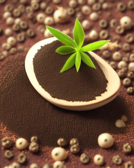 ground Black pepper seeds. Realistic photo. HD. Glowing. 3d style