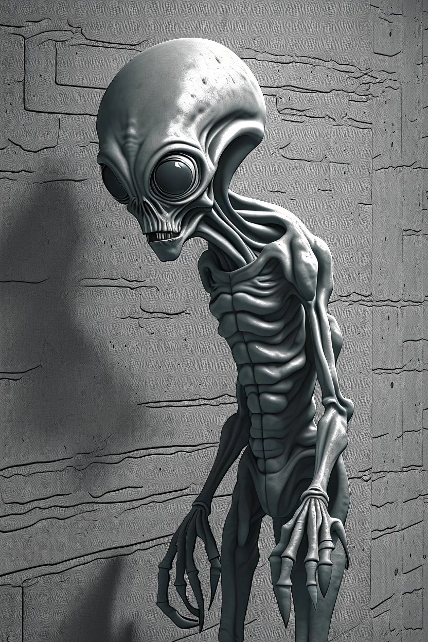 a gray alien standing by a wall pissing back view he turned face write scared