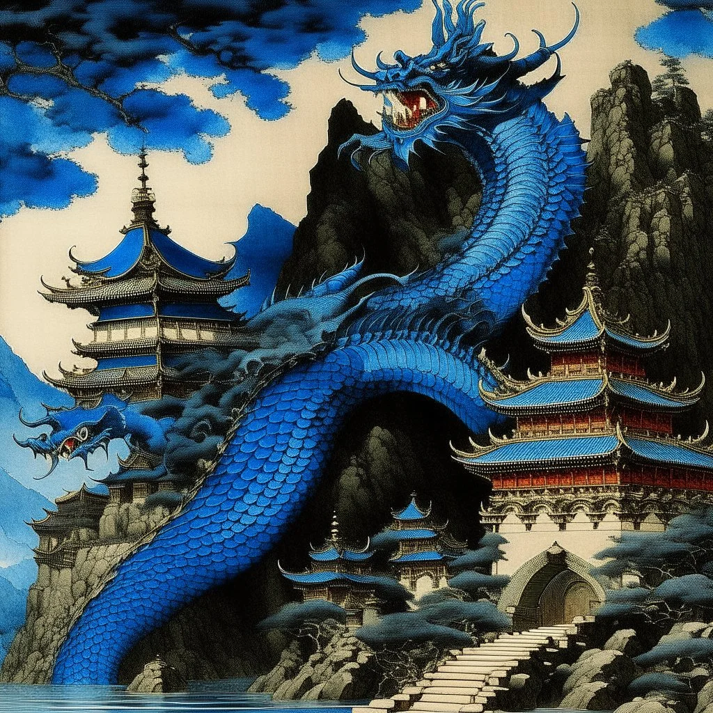 A dark blue castle with a dragon guarding it painted by Utagawa Hiroshige