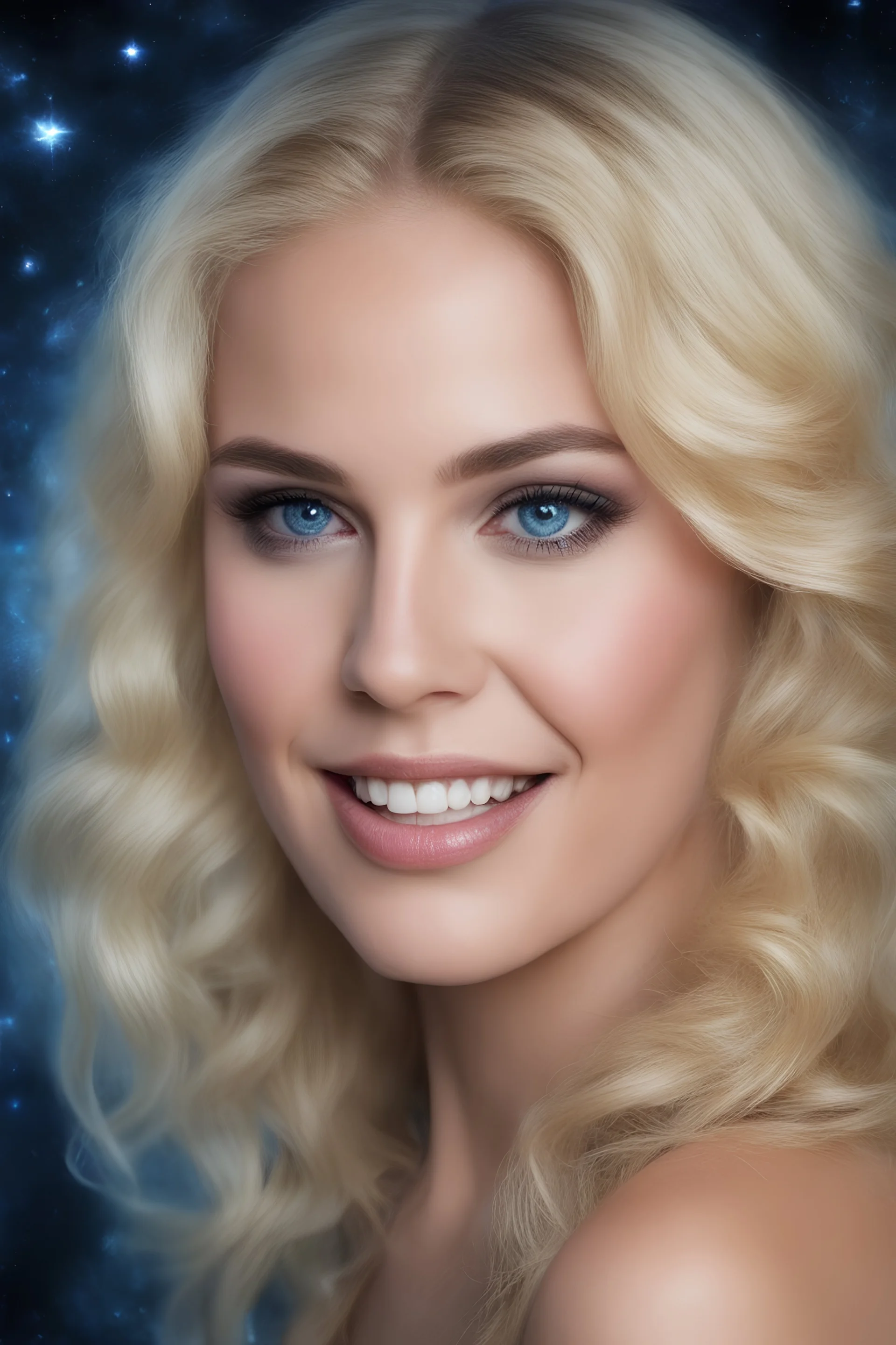 full color, facial portrait, smiling Heather the babe with (((Blonde Hair))), (((blue eyes))), 32k, UHD, Professional Photo -- Botany - Starry - Retro Pop - Dark Fantasy - Horror - Festive - Realistic - 32k, UHD, professional quality, 8 x 10 digital photograph