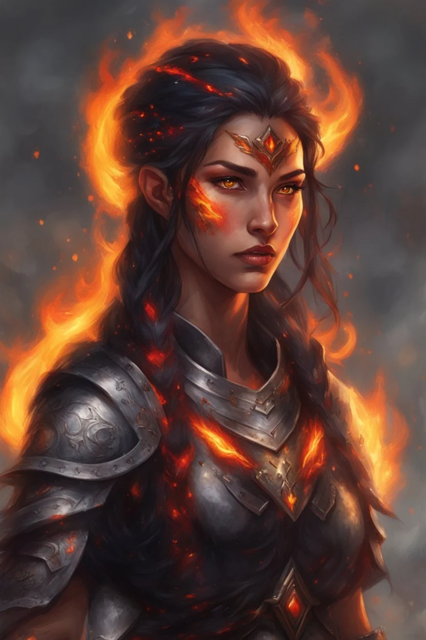 Visualize a commanding female Paladin Druid with bright red eyes effortlessly conjuring flames with her hands. Picture her black, half-braided hair seeming ablaze, surrounded by the glow of magical embers. Clad in lightweight armor, she relies on fire and magic, a scar on her face telling tales of battles on her tanned skin, embodying strength and elemental mastery.