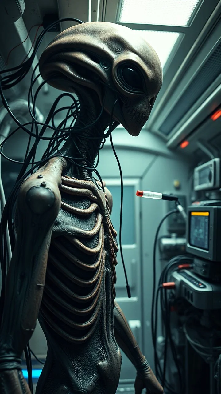 A full body hybrid human with creatures looks like alien face inside a laboratory connected with many wires and small plastic tube to big machine inside a aliens space ship, 4k , high quality picture and dim lighting with small screen monitors