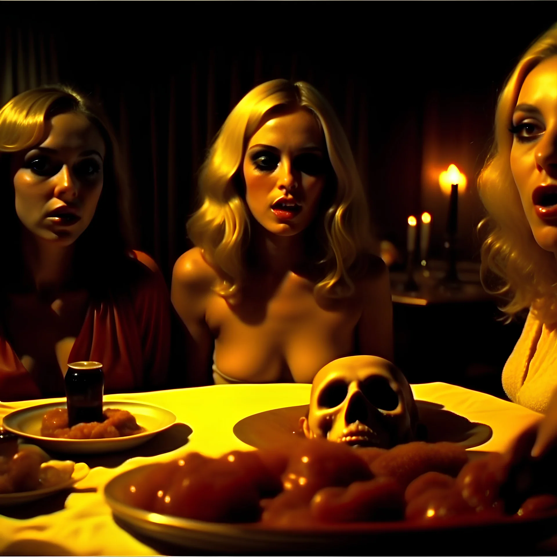 Horror movie shot, spooky, ultra realistic, dine, ultra realistic hot blonde women, party, pieces of meat, organs, ail, dynamic, very excited people, hypermaximalist figures, light, 1970's Italian horror movie, sinister,, Dario Argento, Stanley Kubrik, ornate, 4k, photorealism