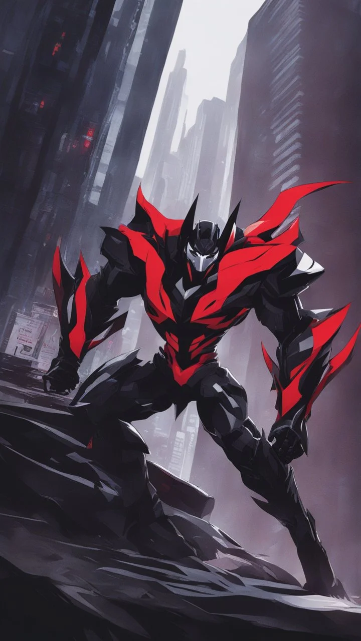 A close picture to Mix between transformers and batman and symbiote venom in solo leveling shadow art style with red details detailsis in fantasy world