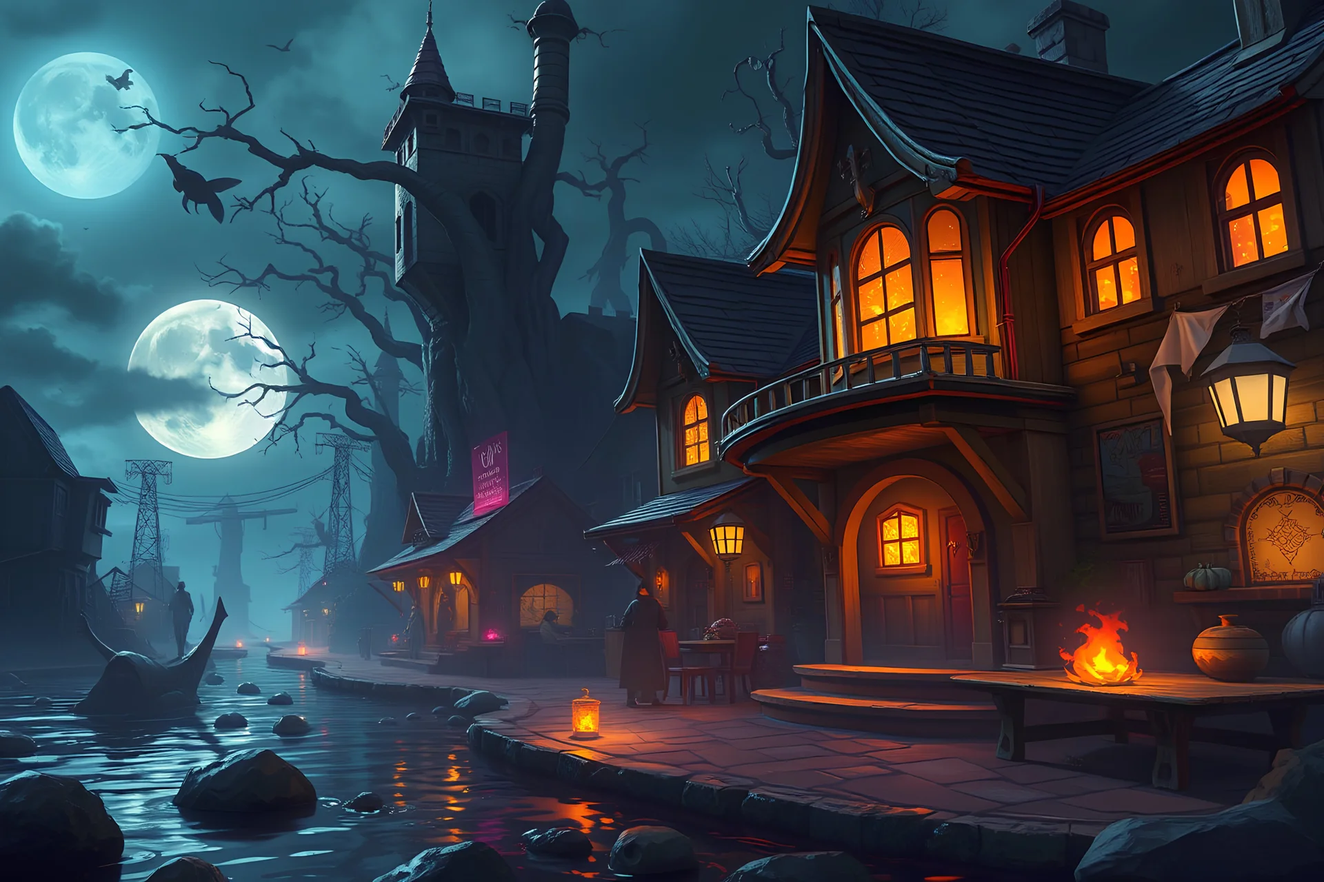 ghostly, spooky,fantasy fISHING town STYLIZED FALLOUT, OVERWATCH, WORLD OF WARCRAFT STYLE