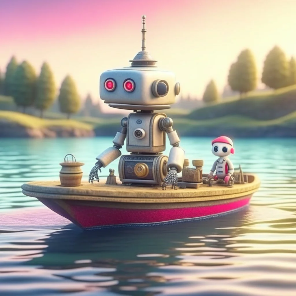 cute blessed robot holds big fish on small steam boat in a big lake, 8k, downlight, soft light, depth of field, photorealism, trending on art station, lotsa detail