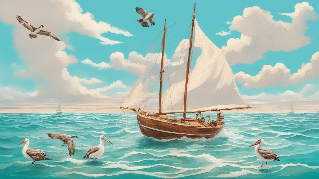 A small, brightly colored sailboat with a billowing white sail cuts through a turquoise ocean. The wind fills the sail, causing the boat to lean slightly. In the distance, fluffy white clouds drift across a clear blue sky. Seagulls soar overhead, their calls echoing in the air. A majestic brown pelican with a large pouch full of water flies gracefully above the boat. The image evokes a sense of calm adventure, the refreshing scent of the ocean breeze, and the abundant wildlife.