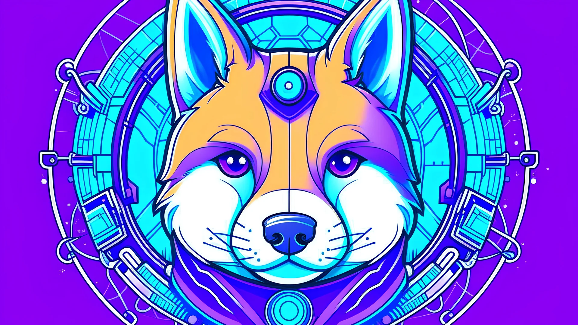 draw the logo of a cute purple Shiba inu dog with cybernetic modifications (blue glowing button on the forehead and cables running from the button to the ears and muzzle). In the background is a light blue circuit board