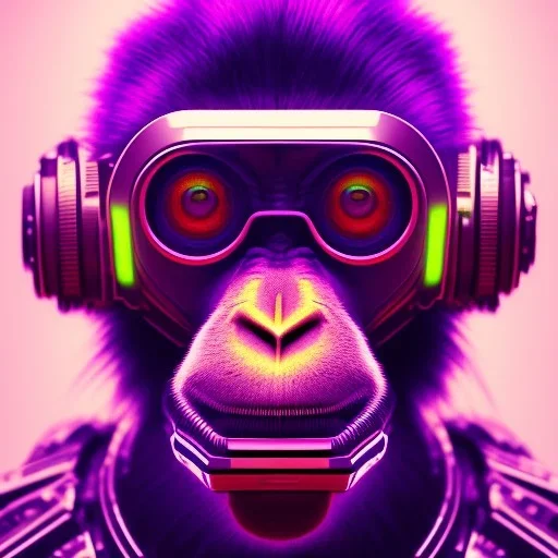 A beautiful portrait of a cyborg monkey purple neon color scheme, high key lighting, volumetric light high details psychedelic background