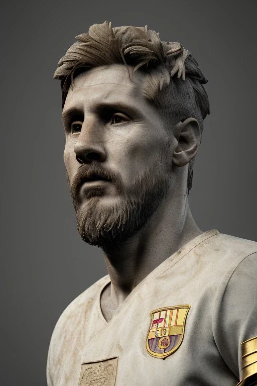 Realistic image, lionel Messi Roman sculpture made in marble with gold veins, gold laurel leaves crown, gold ornaments, Renaissance style, sun rays background, waist up portrait, epic, celestial, cinematic lighting, God lights, 4k resolution, smooth details, soft lighting, unreal engine 5, art station, substance 3d.