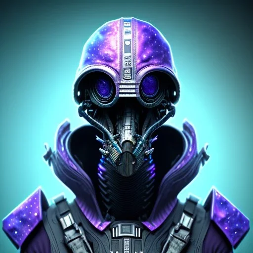 full body apocalyptic purple masked villain in galaxy, teal and purple smoke, detailed, realistic, 4k