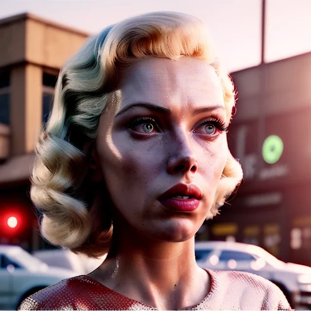 Ultra Realistic retro sci-fi afire Supermarket parking scene, 1960 year, blonde woman, sweet scarlet Johansson face, perfect iris, glow eyes, face makeup, tight latex coat; many panic people looking, Retro sci-fi style, soft color, highly detailed, unreal engine 5, ray tracing, RTX, lumen lighting, ultra detail, volumetric lighting, 3d, finely drawn, high definition, high resolution.