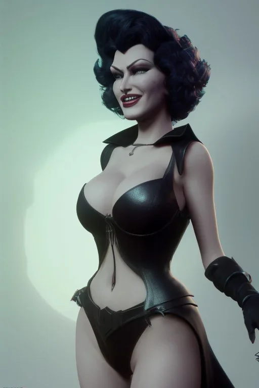 Rita Hayworth as evil queen in black leather, busty, cleavage, curvy, angry, stern look. character design by cory loftis, fenghua zhong, ryohei hase, ismail inceoglu and ruan jia. unreal engine 5, artistic lighting, highly detailed, photorealistic, fantasy