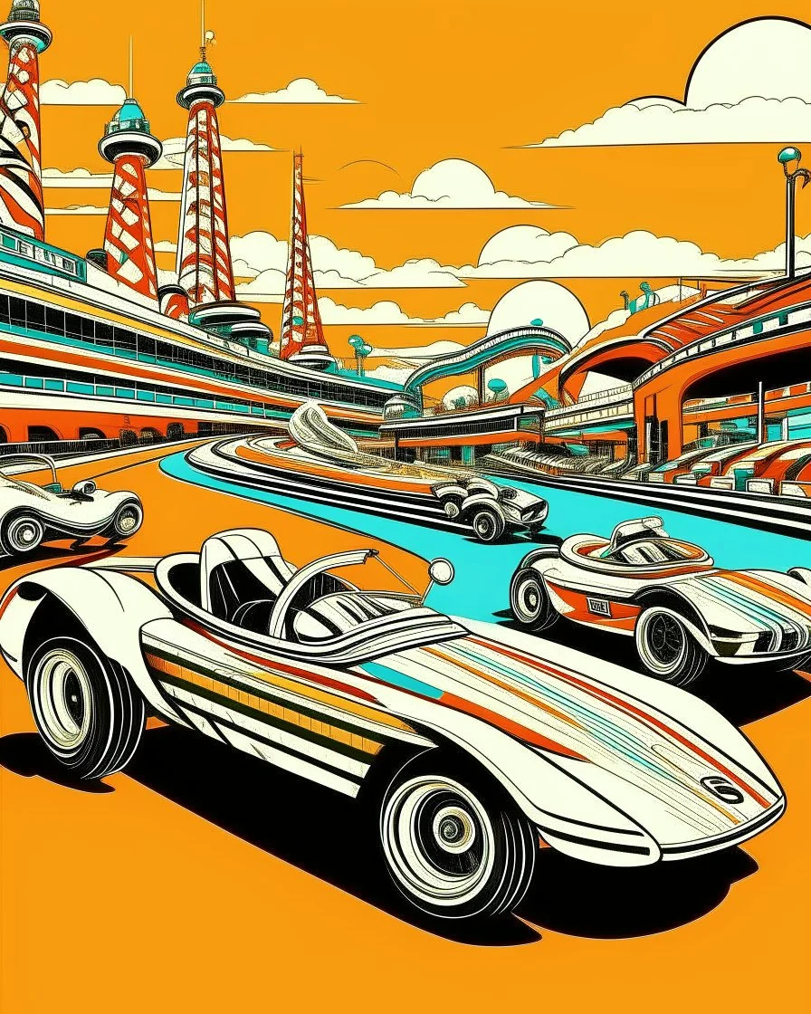A tan racecar theme park in pop art style