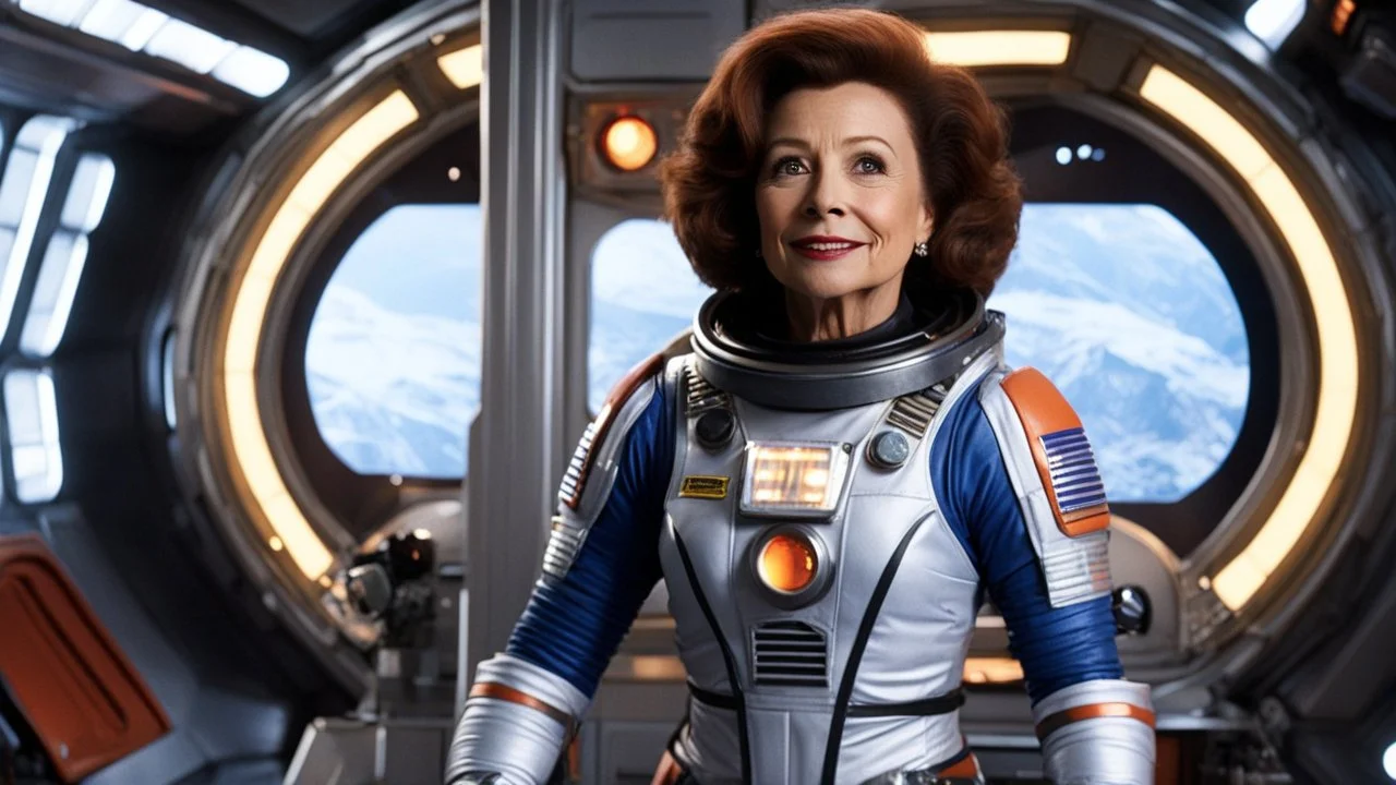 grown up Penny Robinson from lost in space: she stands in her iconic space suit inside the spaceship