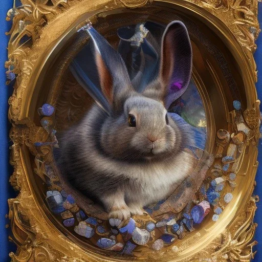 fantasy magic, sharp focus, illustration, highly detailed, digital painting, concept art, art germ and Paul Lewin and Kehinde Wiley, masterpiece silver slolo rabbit, dark blue aye