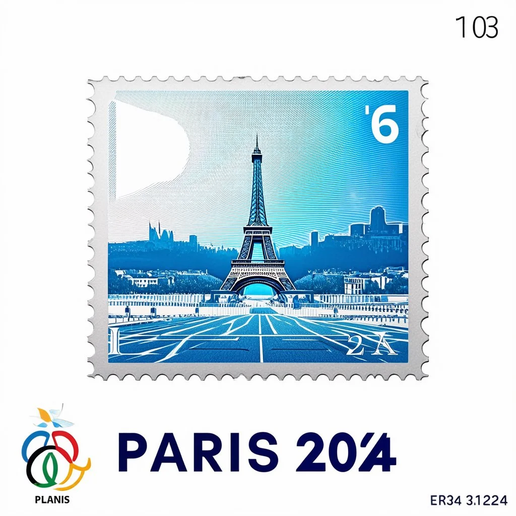 Commemorative stamp of the Olympic Games with the text: "Paris 2024". On pure white background. ultra 8k quality