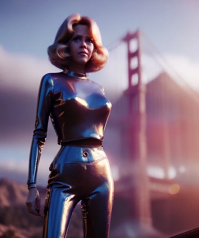 Ultra Realistic retro sci-fi movie, ovni flying San Francisco scene, 1960 year, waist up view portrait, a super giant blonde woman, sweet teenager Jane Fonda face, perfect iris, glow eyes, face makeup, tight latex coat, many people, Retro sci-fi style, soft color, highly detailed, unreal engine 5, ray tracing, RTX, lumen lighting, ultra detail, volumetric lighting, 3d, finely drawn, high definition, high resolution.