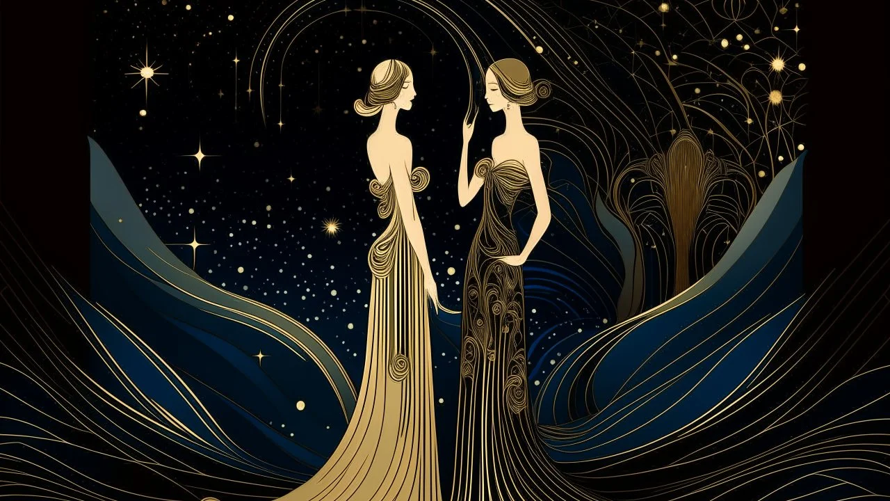 This image is a digital illustration in the stylized Art Nouveau or Art Deco style, characterized by its flowing lines and elegant, often abstract shapes. The scene depicts two women standing in front of a dark, starry background, with a faint outline of additional figures on the left side. The woman on the left is wearing a flowing tan dress with a wide, draped neckline and a voluminous skirt. Her hat is a matching tan with a wide brim and bow, and she is holding a fan in her right hand. Her ex