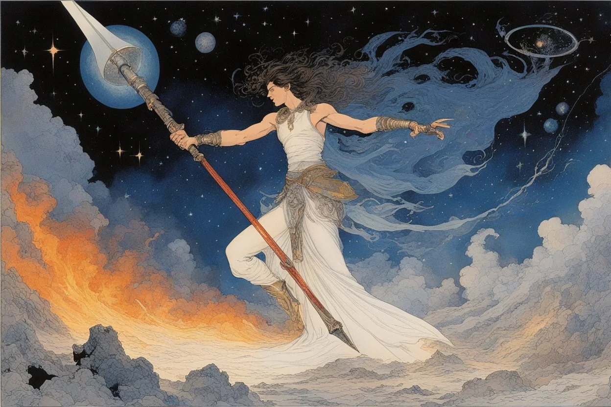 [art by Michael Kaluta] The Celestial Blacksmith, a figure shrouded in cosmic mystery and forged in the fires of the universe. Crafting celestial wonders with hammer and anvil amidst the swirling nebulae. Sparks of creation flying as the stars themselves bend to his will. Each strike of his hammer echoing through the cosmos, shaping the very fabric of existence. A master of celestial metalwork, bending stardust and shaping galaxies with divine precision. The Celestial Blacksmith, a cosmic artisa