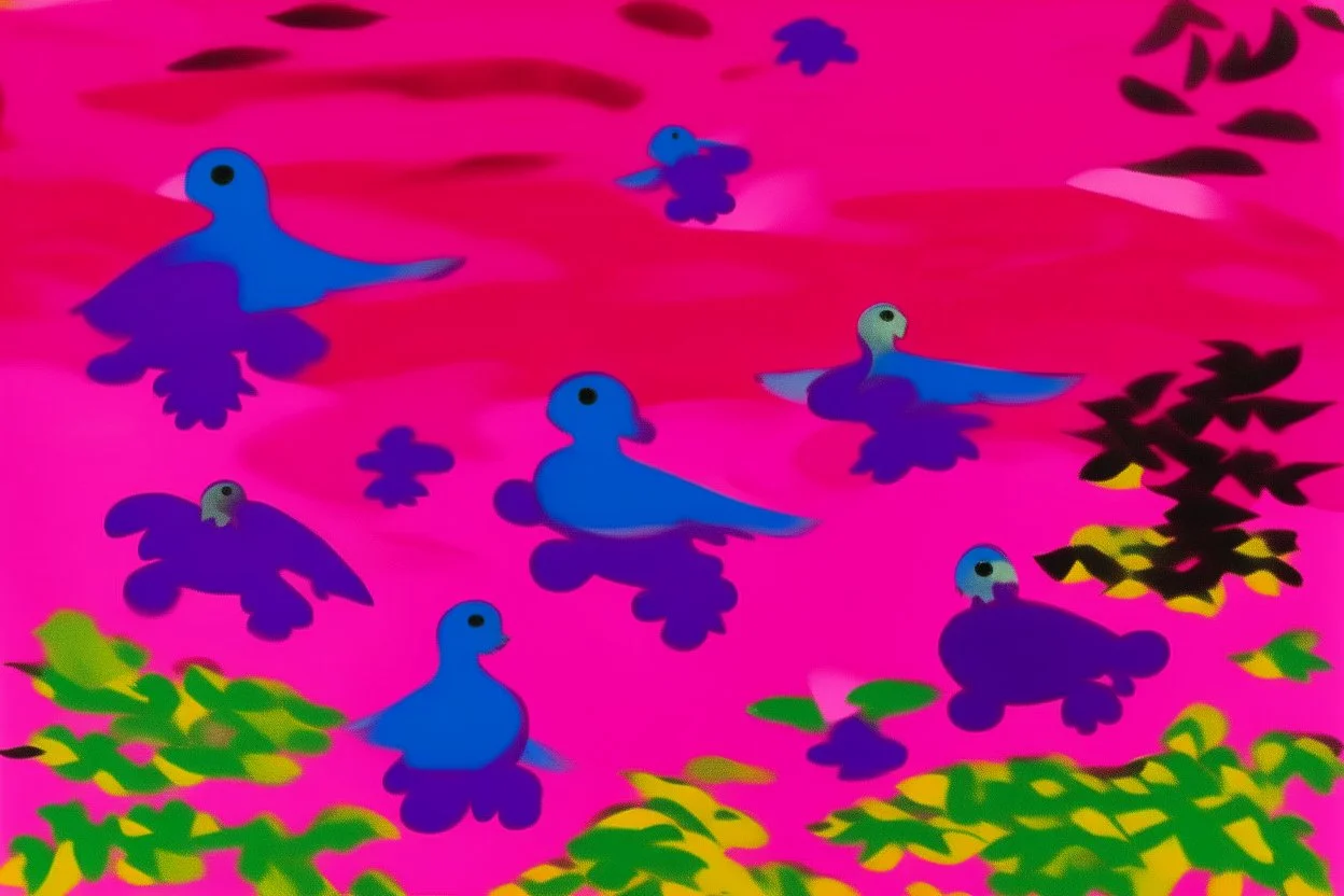 A purplish magenta sky with flying turtles painted by Henri Matisse