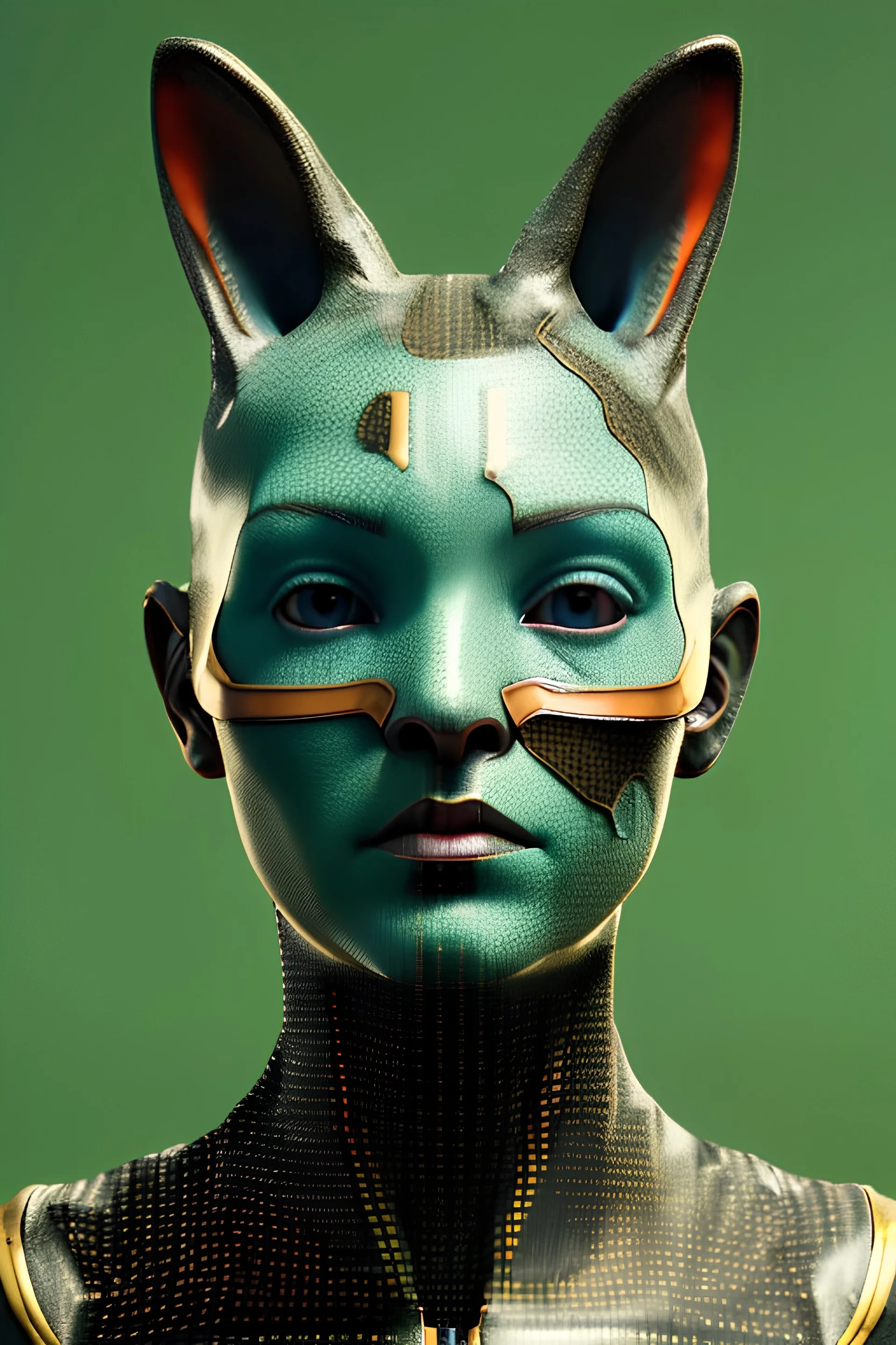 Medium Close Up Portrait, Front image. cyberpunk, rabbit mask, british woman, short hair. Latex suit army. Yellow, red, color. Sexy style. Color background, photo studio. Avatar image, highly detailed, concept art, smooth, unreal engine 5, ray tracing, RTX, lumen lighting, ultra detail, volumetric lighting, 3d, finely drawn, high definition, high resolution.