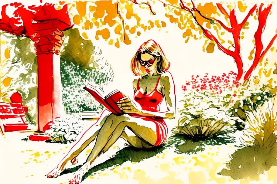 woman in red swimsuit reading a book in a beautiful garden in sunshine style Vittorio Giardino, stylized pen drawing and watercolor