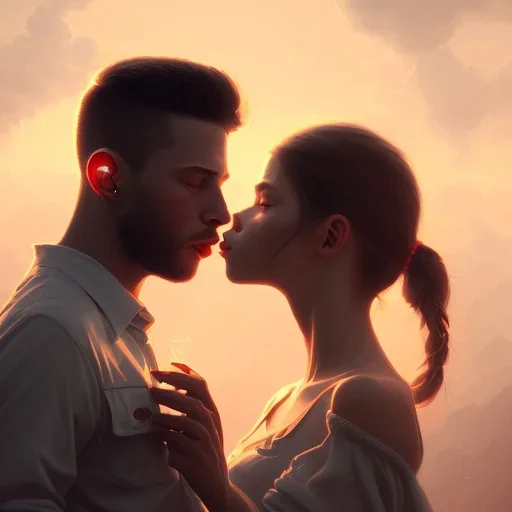 Boy and girl, kissing, sun, romantic, happiness, 8k resolution concept art portrait by Greg Rutkowski,