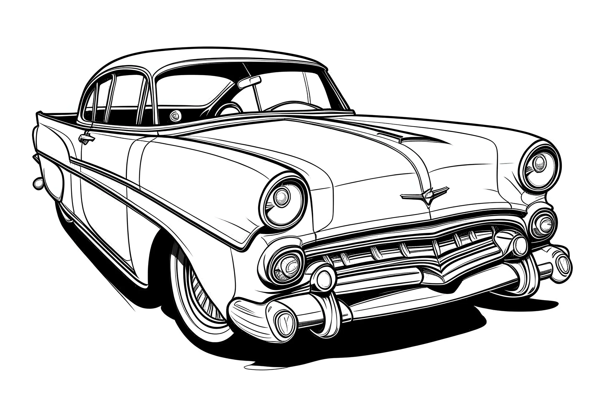 1955 Chevy Bel Air Coloring Book, white background, kawaii style cartoon coloring page for kids, cartoon style, clean line art high detailed, no background, white, black, coloring book, sketchbook, realistic sketch, free lines, on paper, character sheet, 8k