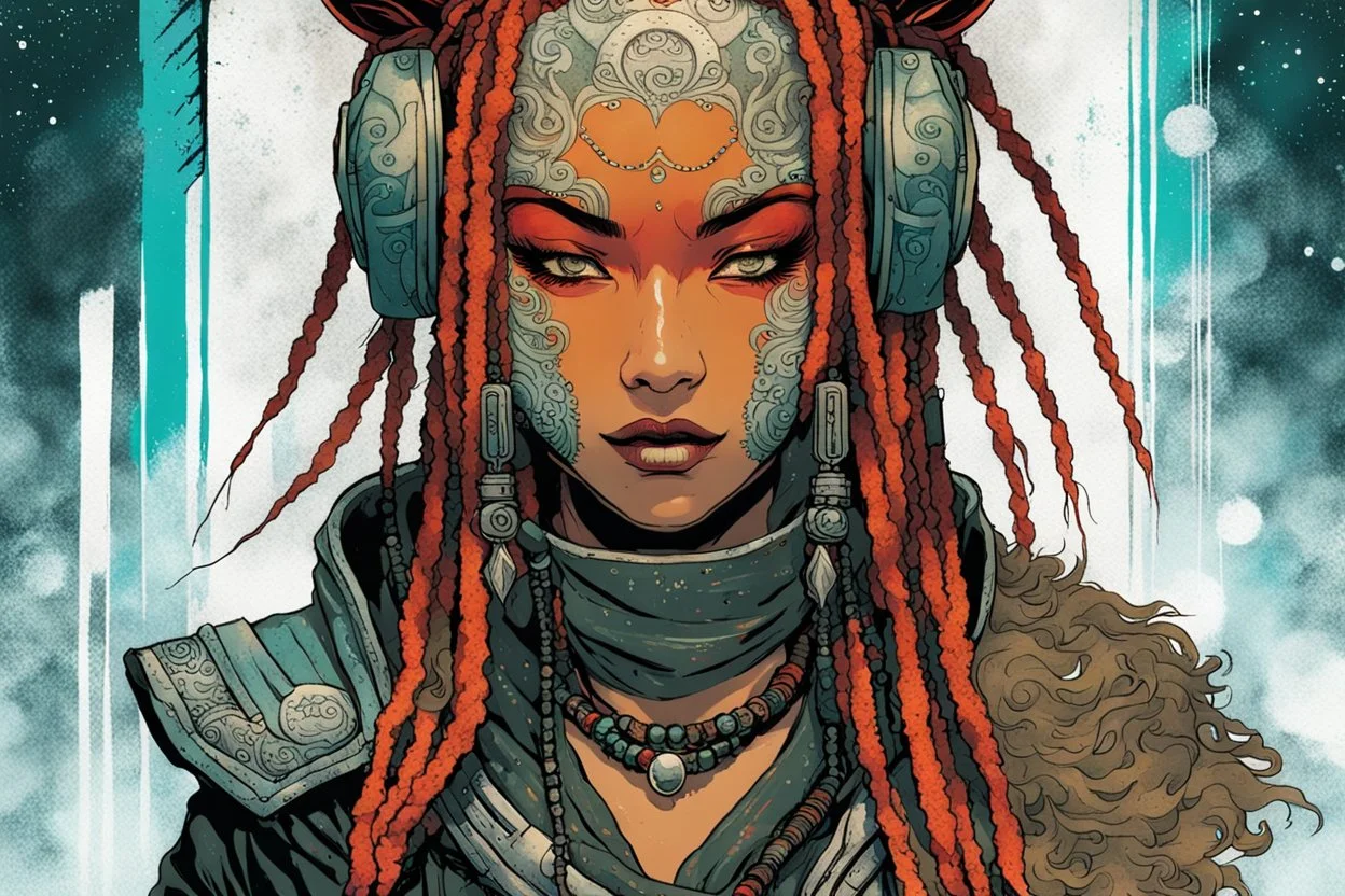 front facing portrait illustration of a grunge armored female , beaded dreadlock hair, cyberpunk vampire mercenary wearing an ancient ornate japanese kitsune mask , and shemagh, highly detailed with gritty post apocalyptic textures, caught in a cosmic maelstrom of swirling gases , finely detailed facial features and hair, in the graphic novel style of Bill Sienkiewicz, and Jean Giraud Moebius, ink wash and watercolor with realistic light and shadow