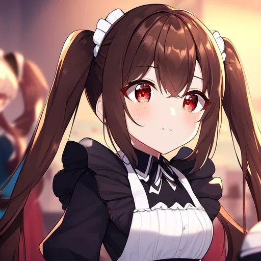 Clear focus, High resolution, Rough line, cute, anime style, red eyes, sparkling eyes, brown hair, red eyes, wearing a maid outfit, long twin tails, long bangs,choppy long bangs