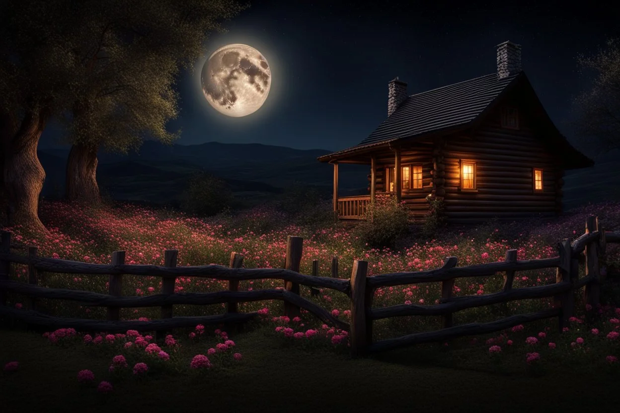 Dry trees, night, full moon, cabin, yard with flowers, fence, photo hd