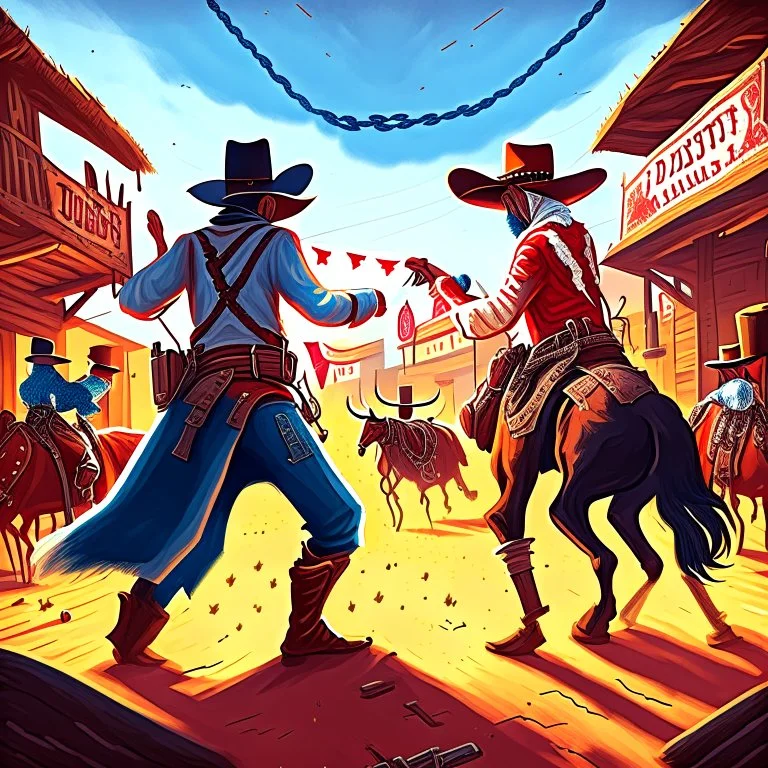 Create an image of a duel at noon: two cowboys in cowboy hats, belted with pistol bullets, one with a red scarf around his neck and the other with a blue scarf with white dots around his neck, drawing guns against each other in the center of a wild west town, in the background the saloon with horses tied up At the entrance to it, epic scene, cinematic scene, dramatic shot, outdoor shot, cinematic, sunset time, 24K