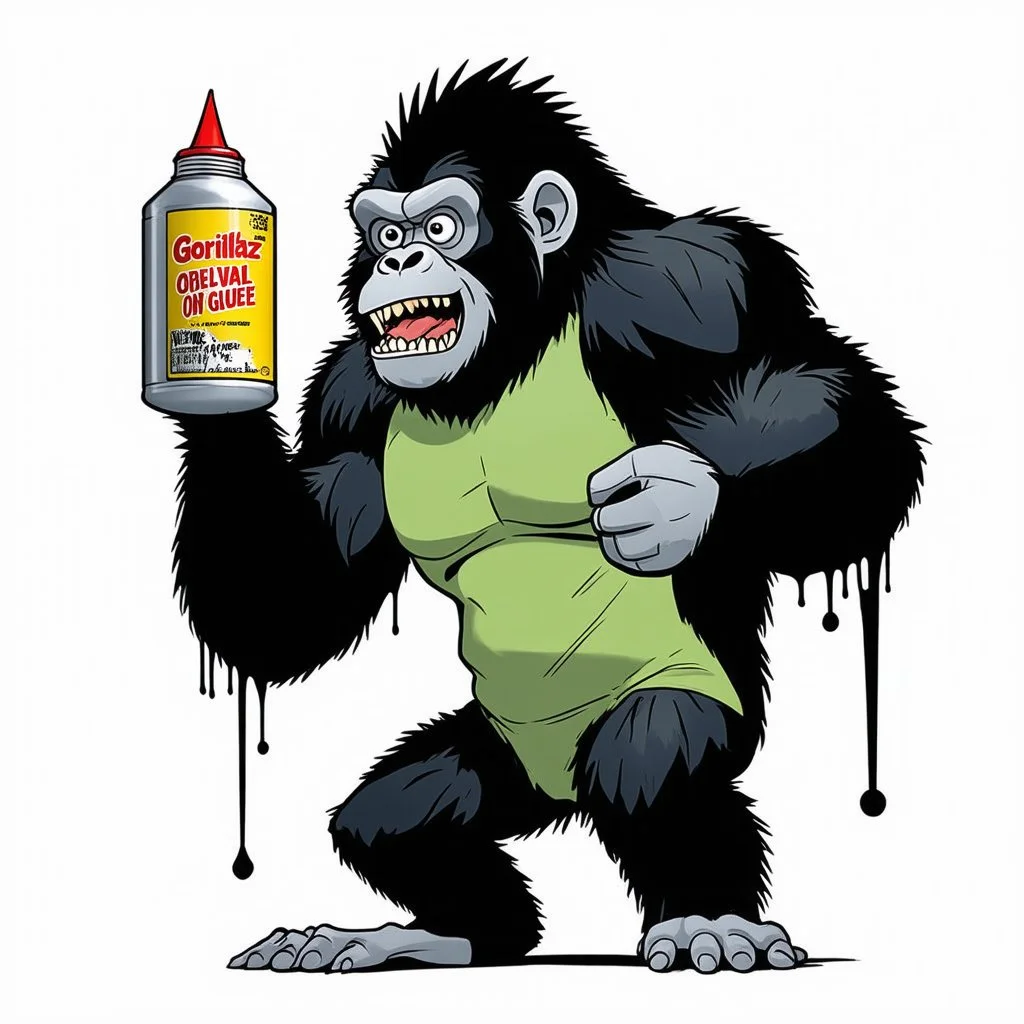 Gorillaz style cartoon Gorilla spraying glue by Jamie Hewlett