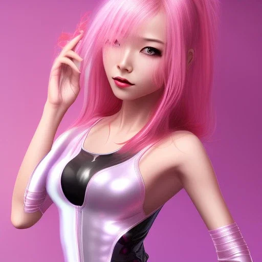  Asian woman, leaning pose, latex suit, pink hair, highly detailed, rabbit mask,