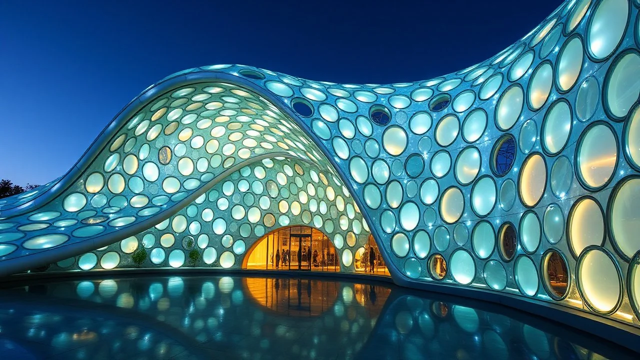 A stunning pavilion with wave-like, curved architecture made from a combination of crystal-clear glass and bioluminescent materials. The structure is adorned with countless windows of varying shapes, creating a mesmerizing play of light and shadow. Award-winning photograph, beautiful composition, exquisite detail and illumination