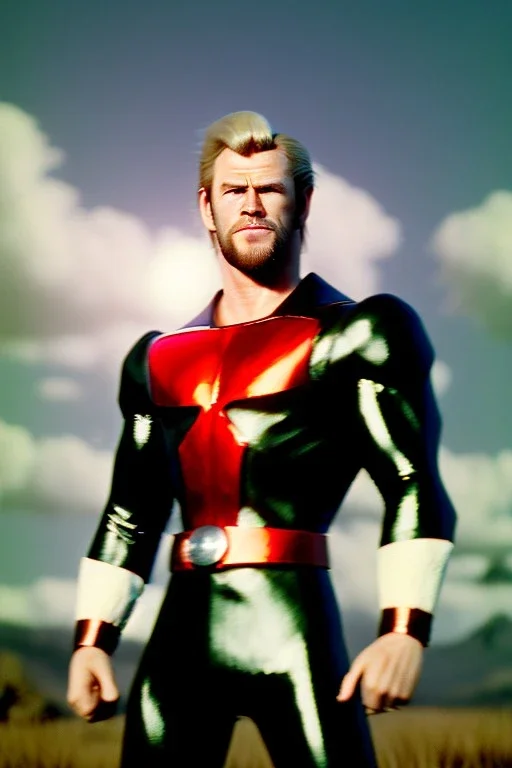 retro portrait image from 1960, sky background, wind, extra long blonde hair, fighting stance, young Chris Hemsworth, clean shave face, black dress, classic long tight lycra black suit, 2 steel disc in busty, big red cap, silver arms, gold bracelet and belt, high boots, soft color, highly detailed, unreal engine 5, ray tracing, RTX, lumen lighting, ultra detail, volumetric lighting, 3d, finely drawn, high definition, high resolution.