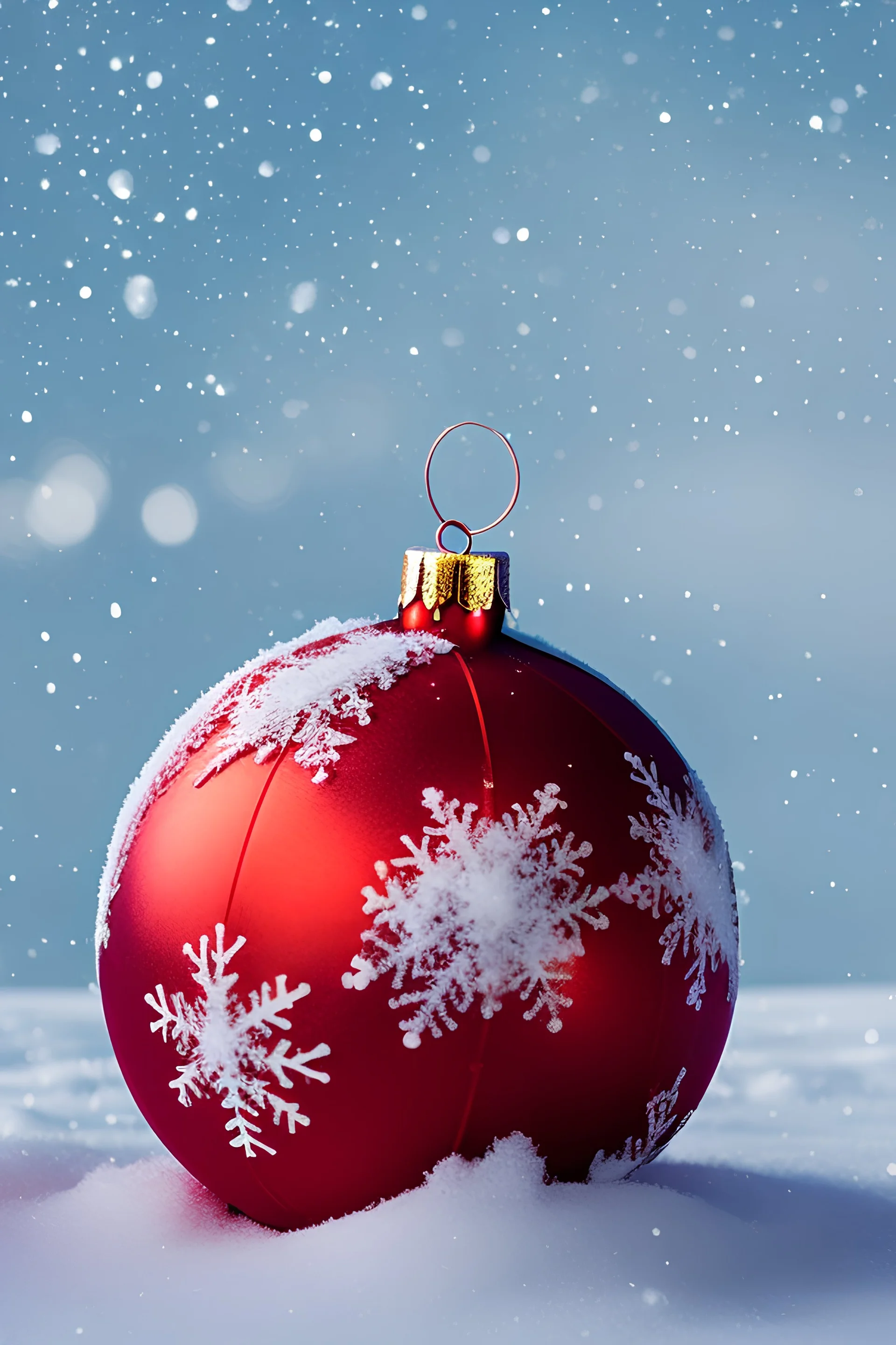 bola de navidad roja cubierta por la nieve en paisaje de montaña nevado