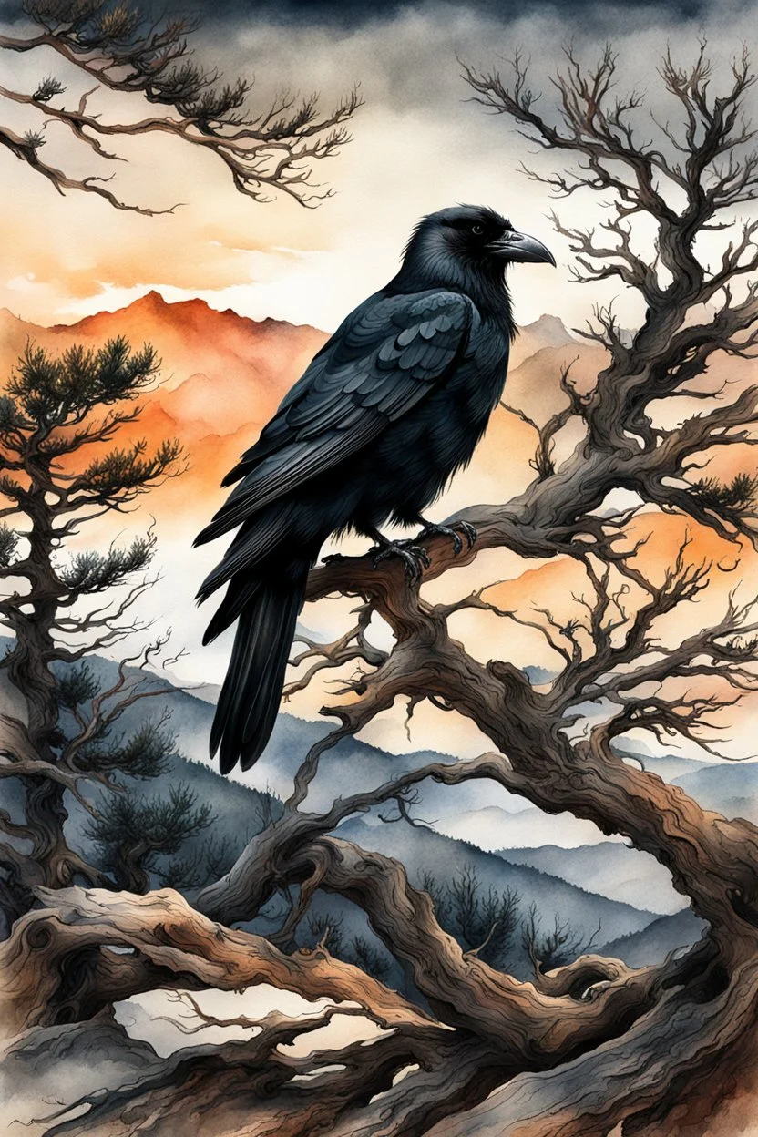 museum quality ink wash and watercolor painting of an aged, wandering Raven perched in the branches of an ancient, gnarled and twisted, Bristlecone Pine, on a remote plateau in the Rocky Mountains at sunset, in the style of Karl Bodmer, and Winslow Homer, rendered as an aquatint, with a fine art aesthetic, highly detailed , 8k UHD cinegraphic realism, dramatic natural lighting