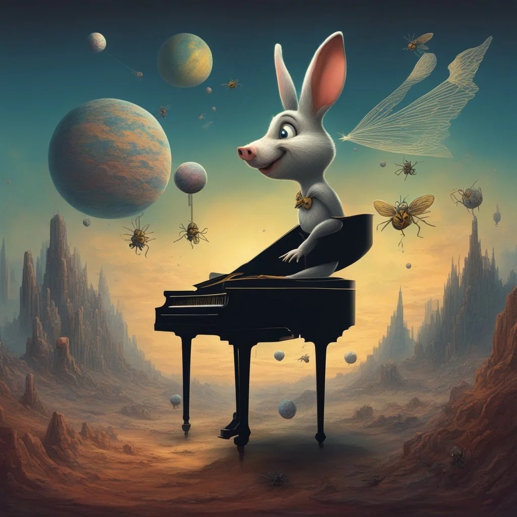 bugs bunny composer piano, diffrent planet, one swine pig piggy flying wasp angel, beksinski style daker theme