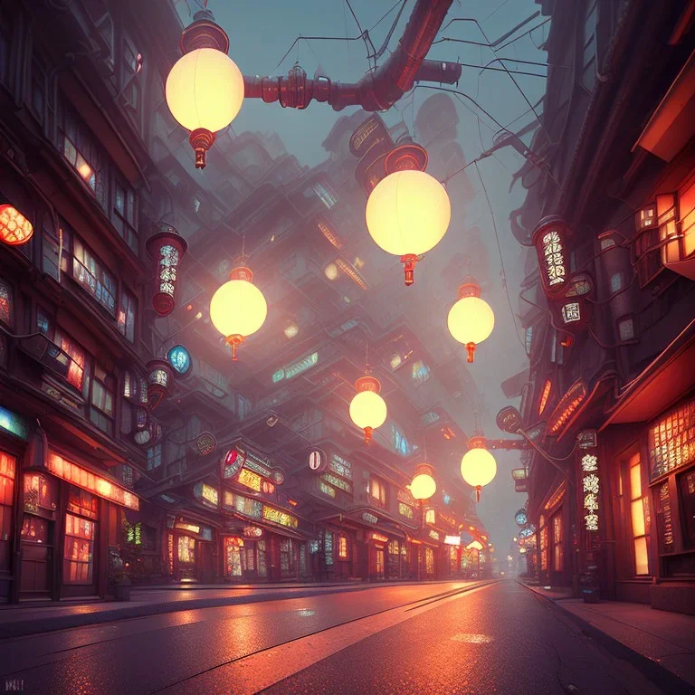 a huge bug in a low-light japanese city street with laterns, realistic, steampunk, 3d-art, futuristic, minimal design, unreal engine, ray-tracing